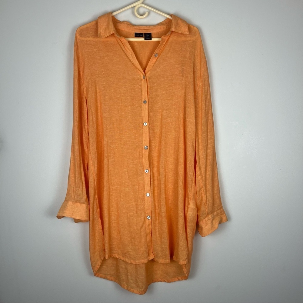 TAHARI Linen Button Front Tunic Top Shirt Dress Citrus Orange Large